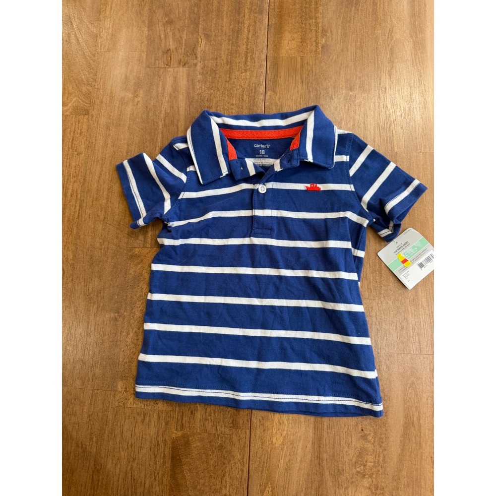Carters Baby Boys Blue White Striped Short Sleeve Polo Shirt 18 Months NWT